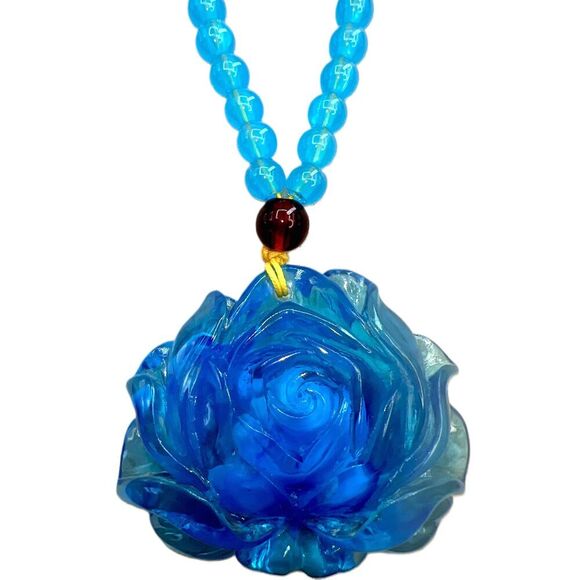 Vintage Jewelry - NEW Acrylic Blue Beaded Floral Pendant Necklace